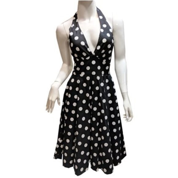 Women's Petite Marilyn Monroe Big Polka Dots Halter Top Dress in Black - Picture 1 of 5